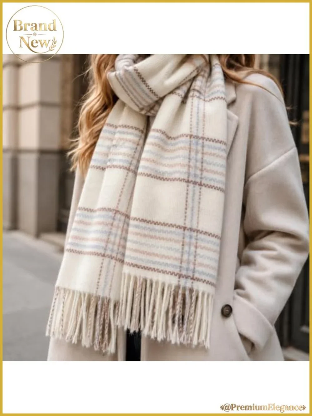 Oversized Plaid Winter Scarf Shawl Wrap with Tassels - Polyester Blend